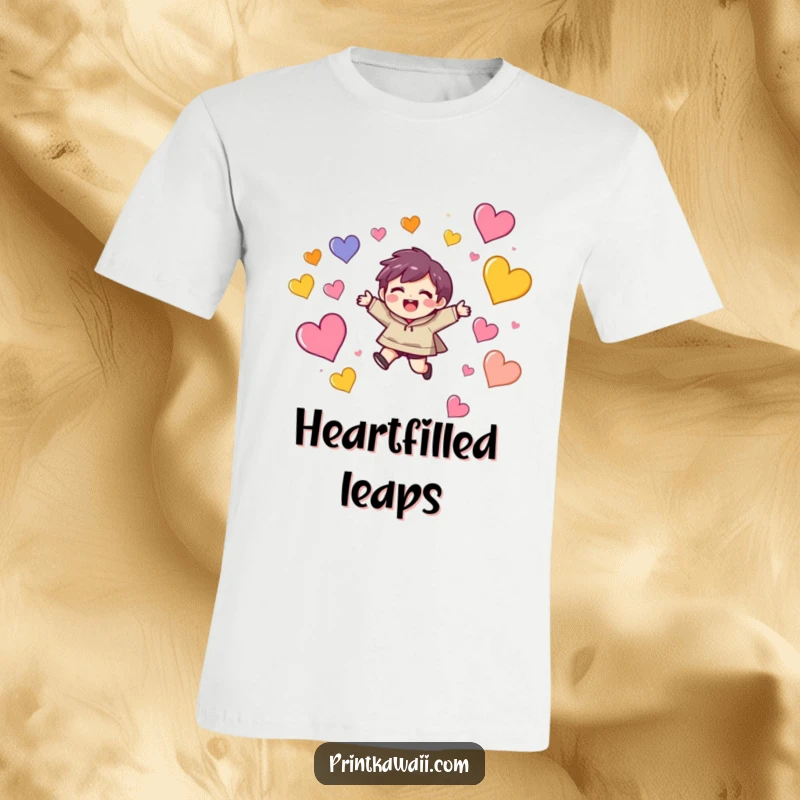 Funny t-shirt with a character showing a delighted face as they jump energetically among many vibrant, floating hearts.