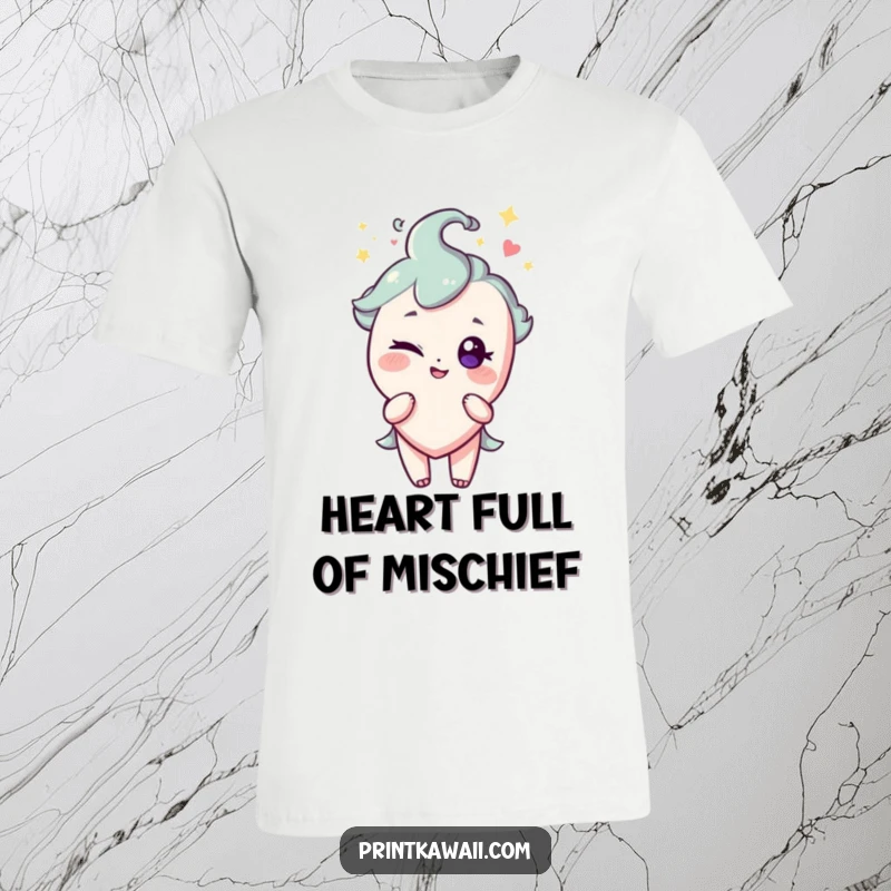 Funny t-shirt featuring a sparkling heart character giving a mischievous wink, perfect for playful and stylish wear.