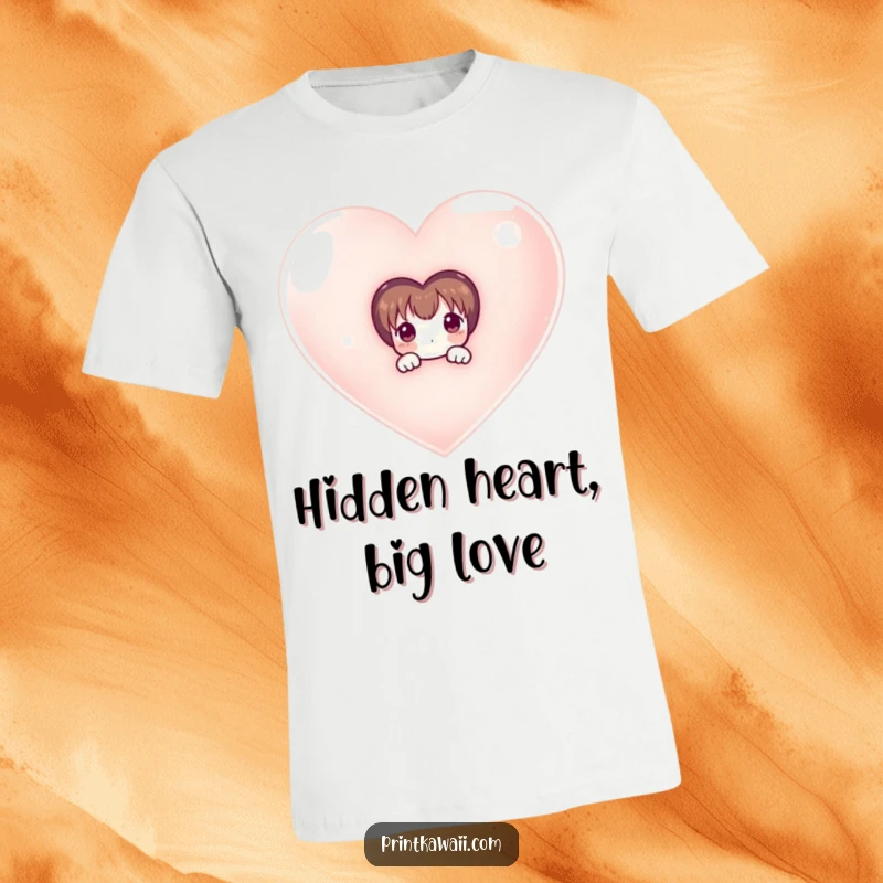 Funny t-shirt with a timid character peeking shyly from behind a huge, glistening heart, symbolizing hidden love and tenderness.