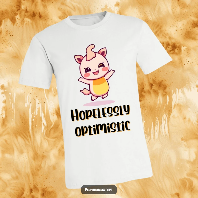 Funny t-shirt showcasing a giggling rainbow character mid-hop, full of playful energy and infectious laughter, a cheerful and funny gift.