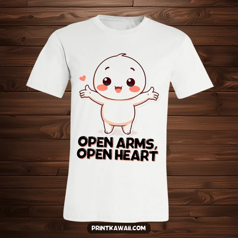 Funny Kawaii Love T-Shirt: A cute character in a loving pose with arms outstretched, inviting a hug.