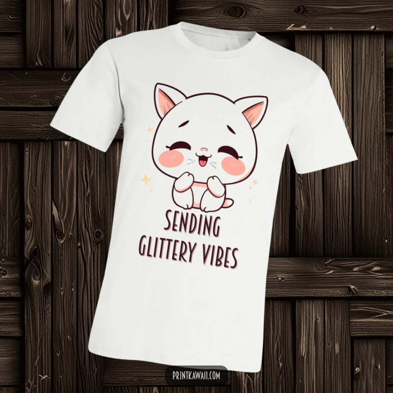 Funny Kawaii Kiss T-Shirt: A cute character giggling, blowing shiny glitter kisses, full of playful energy.