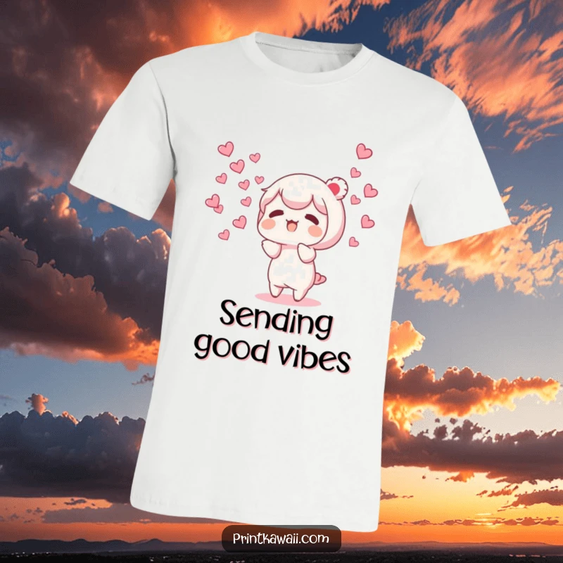 Funny t-shirt depicting a character releasing a cheerful swarm of tiny, fluttering hearts, symbolizing love and kindness.