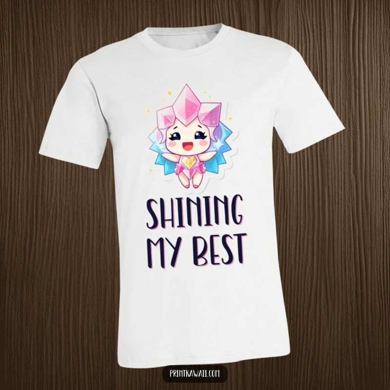 Funny T-Shirt with a sparkling gem character radiating happiness, representing inner glow and positive vibes.