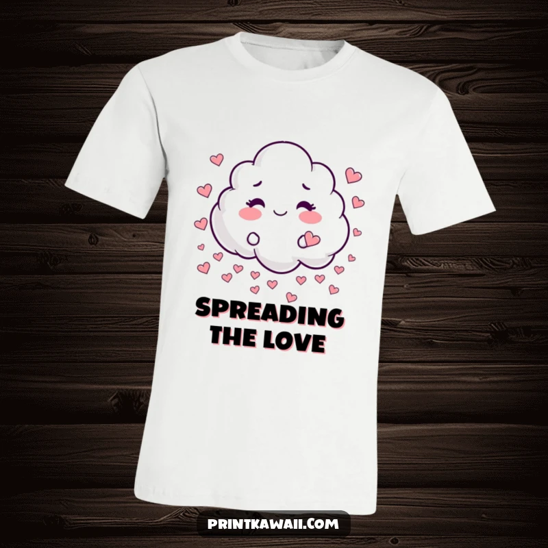 Funny t-shirt featuring a whimsical cloud character playfully raining tiny hearts, spreading love and joy.