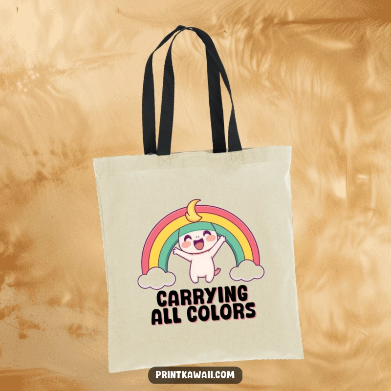 Funny Tote Bag showcasing a playful rainbow character arching joyfully, perfect for carrying items with vibrant, happy energy.