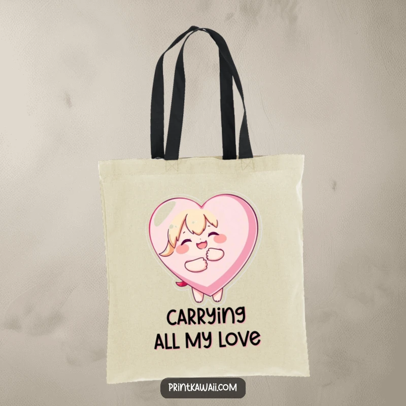 Funny tote bag with a kawaii character joyfully embracing a big heart, perfect for carrying love and daily items.