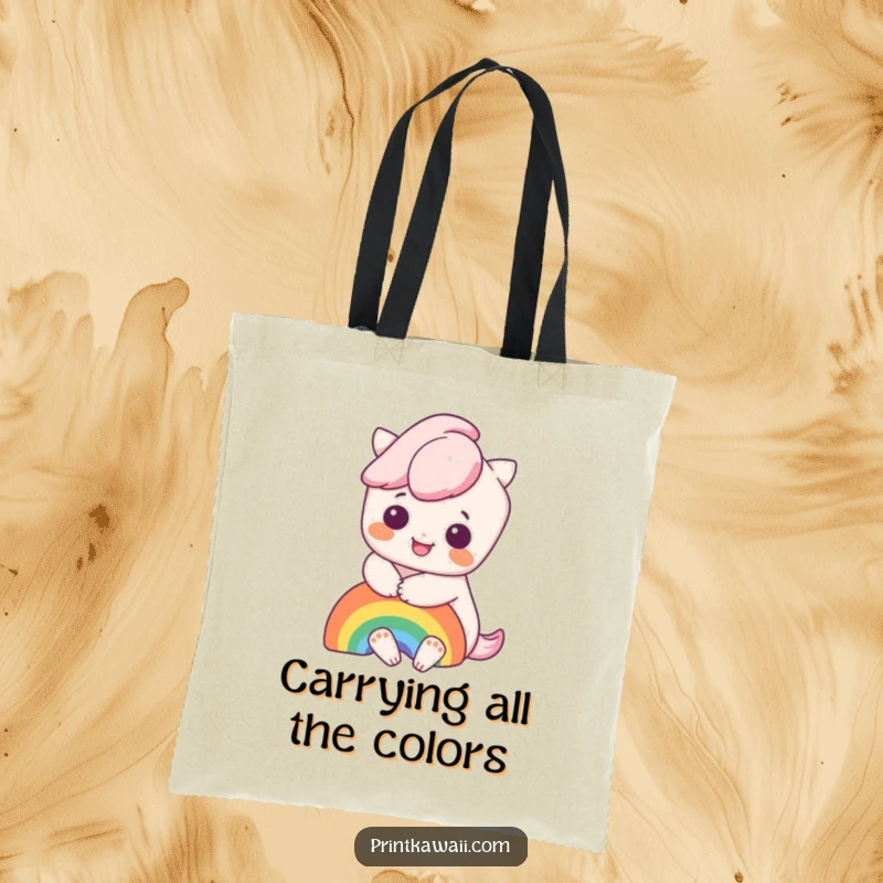 Funny tote bag featuring a charming kawaii character giving a big hug to a bright rainbow, ideal for carrying joy.