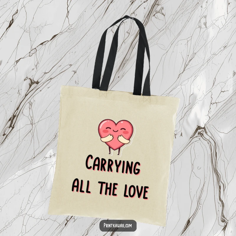 Funny tote bag depicting a cute heart character giving a warm hug, ideal for carrying daily items with a touch of love.