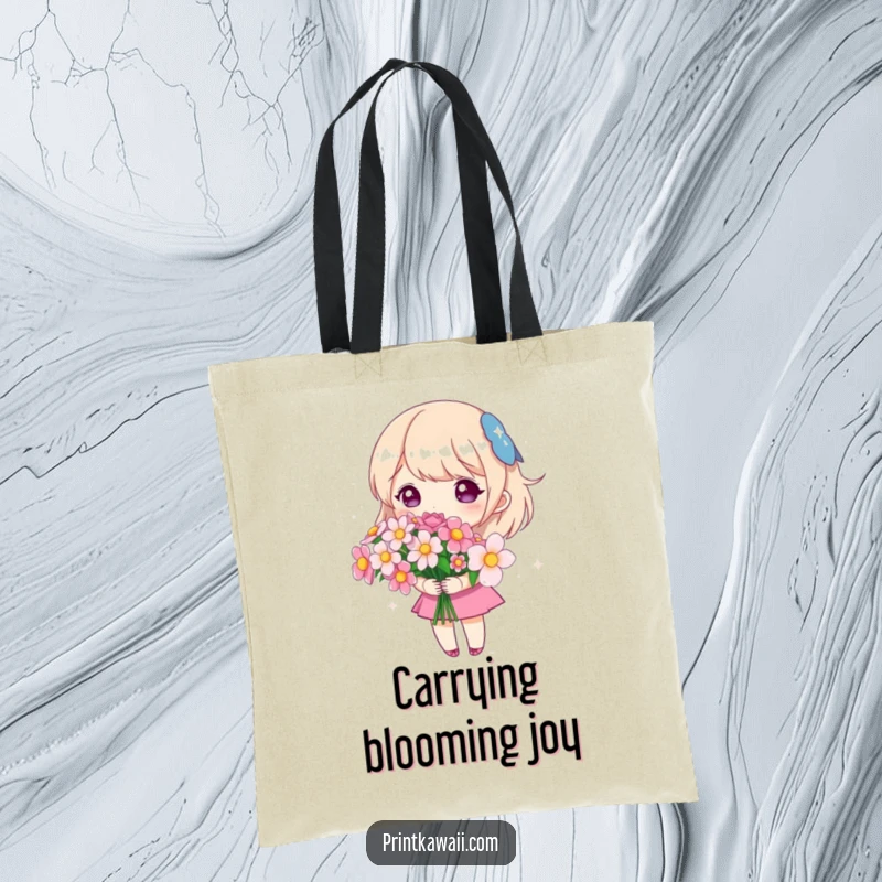 Funny tote bag with a cute character holding a bouquet of sparkling flowers, perfect for carrying essentials with a touch of elegance.