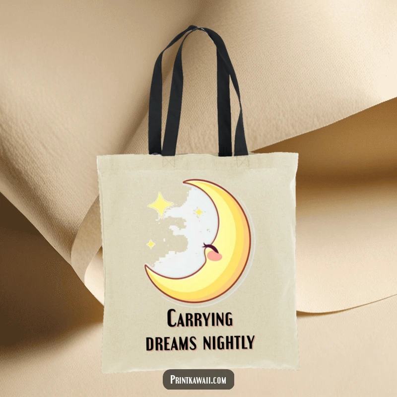Funny winking crescent moon character on a tote bag, casting a glow, a charming and humorous celestial design, perfect funny gift.