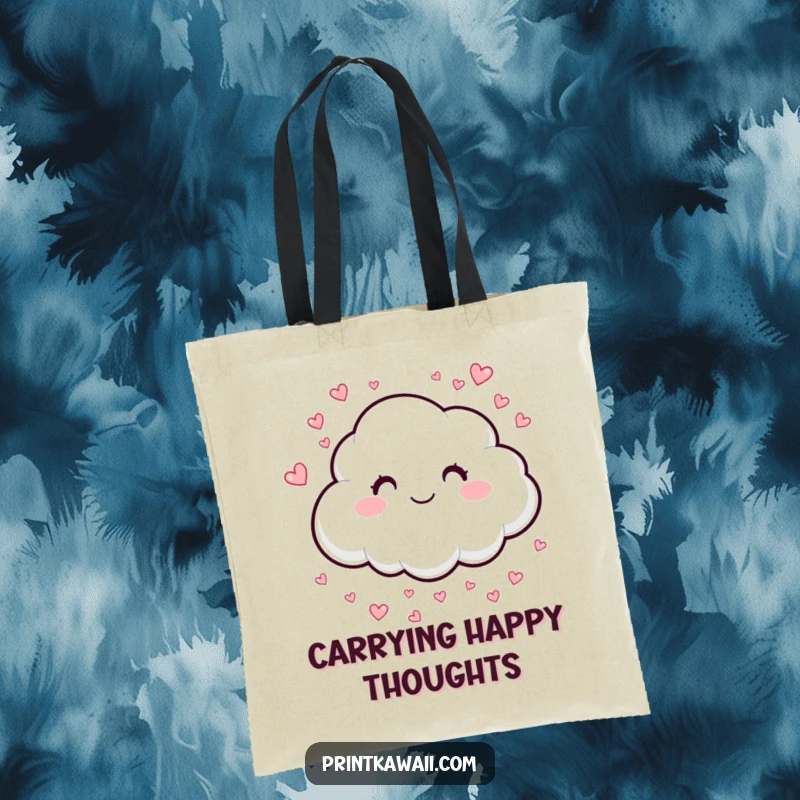 Funny tote bag with a smiling cloud sprinkling hearts, perfect for carrying everyday items and spreading love, a funny gift.