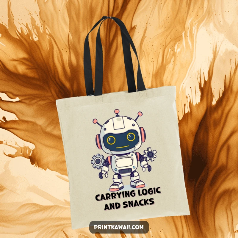 Funny tote bag featuring a playful robot character with its gears turning, ideal for carrying groceries or daily essentials with a smile.