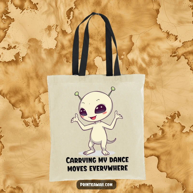 Funny alien character doing a silly dance on a durable tote bag, perfect for carrying groceries with extraterrestrial humor.