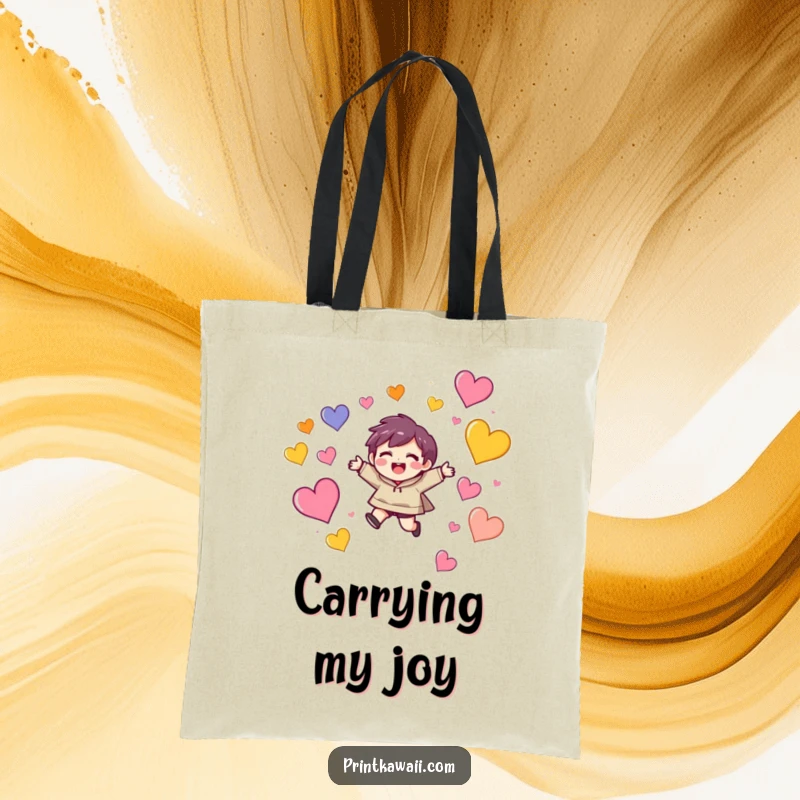 Funny tote bag depicting a character with a delighted expression leaping joyfully amidst a colorful cascade of floating hearts.