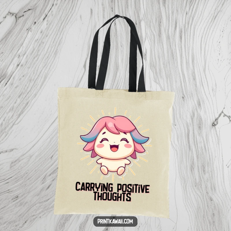 Funny tote bag with a character smiling brightly and radiating positive energy, ideal for carrying positivity.