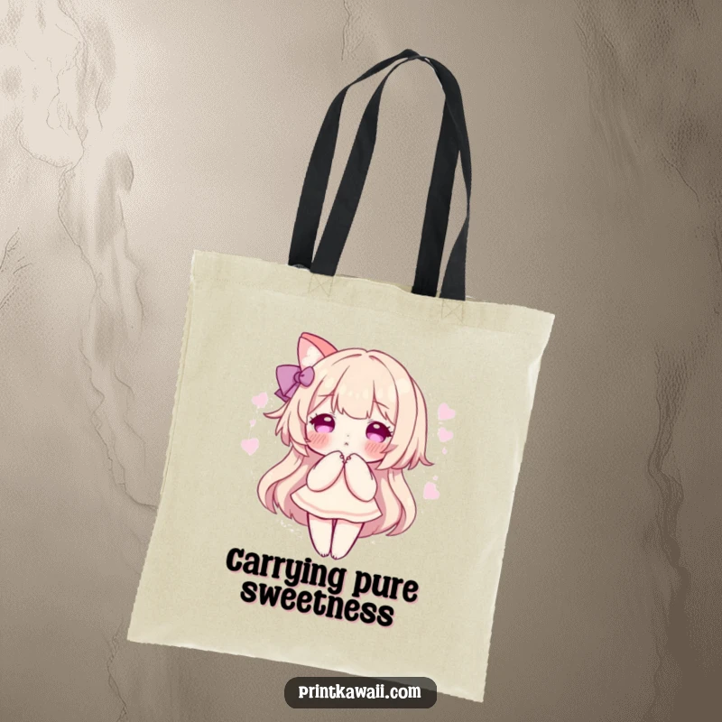 Funny tote bag with a character in a sweet pose, surrounded by a soft, pink aura, perfect for daily use and gentle charm.