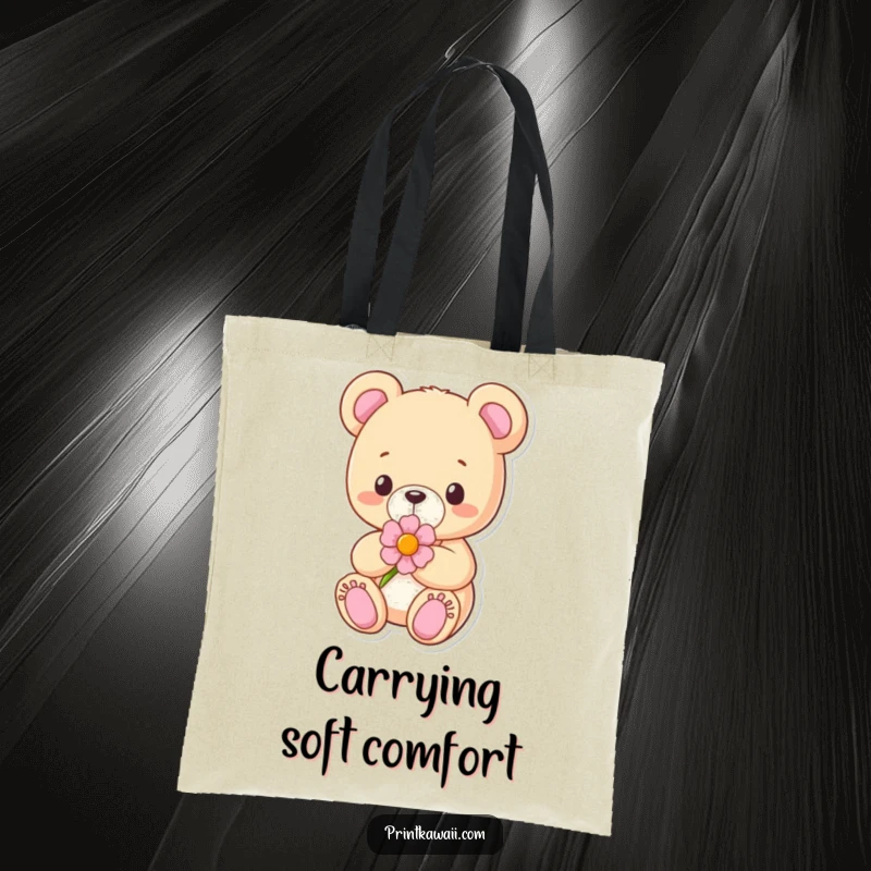 Funny Tote Bag with a content teddy bear character holding a flower, perfect for carrying essentials with gentle charm.