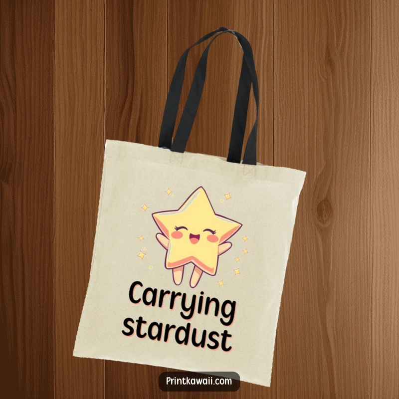 Funny tote bag with a star character joyfully spinning, perfect for carrying essentials and radiating happiness, a funny gift.