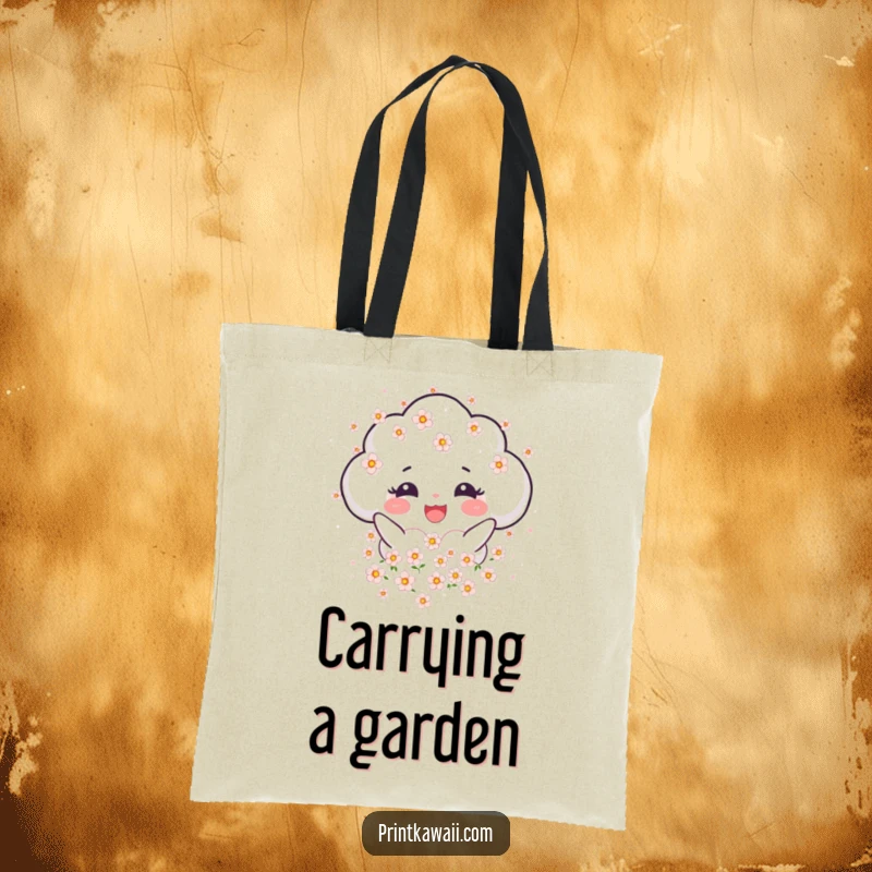 Funny Tote Bag with a joyful cloud character showering blossoms, perfect for carrying essentials with a touch of nature.
