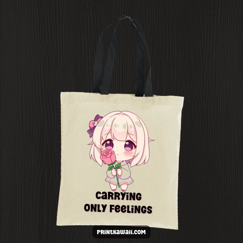 Funny tote bag with a character blushing deeply, holding a single perfect rose, showcasing bashful affection and cute, shy romance.