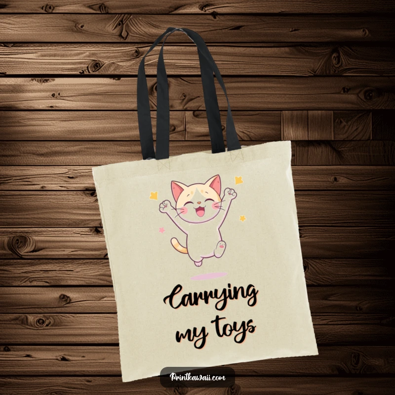 Funny tote bag illustrating a cute cat character leaping high in celebration, showcasing pure, unadulterated feline joy.