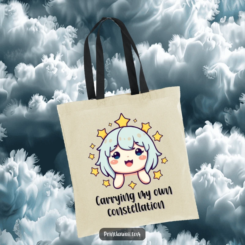 Funny tote bag showcasing a cute, smiling character surrounded by stars, perfect for carrying essentials with a touch of cosmic joy.