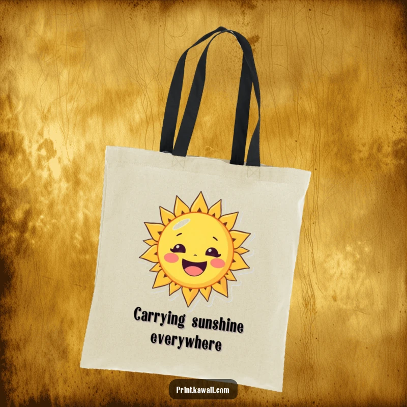 Funny tote bag with a cheerful sun character with a wide smile, perfect for carrying items with a dose of sunshine.