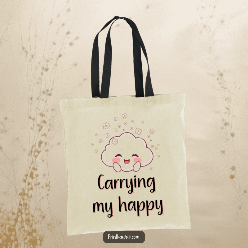 Funny tote bag depicting a joyful cloud character showering tiny blossoms, ideal for carrying daily items with a touch of natural beauty.