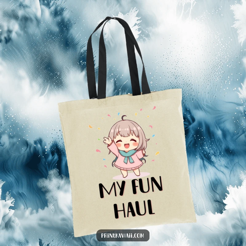 Funny tote bag with a cute character in a playful pose catching falling confetti, ideal for carrying playful items.