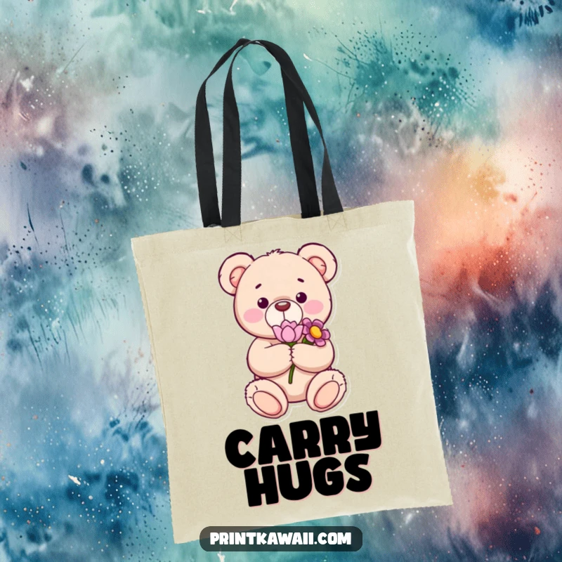 Funny tote bag featuring a content teddy bear holding a flower, perfect for daily use and carrying a touch of sweetness, a delightful funny gift.
