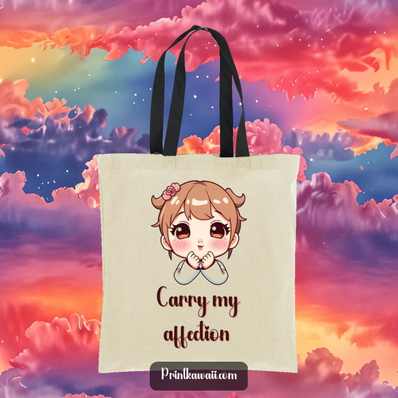 Funny tote bag with a cute character blowing a kiss, cheeks flushed pink, perfect for carrying essentials with a sweet message.