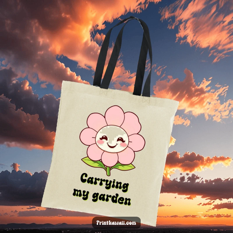 Funny Tote Bag designed with a happy, blooming flower character smiling, perfect for carrying essentials with a touch of floral cheer.
