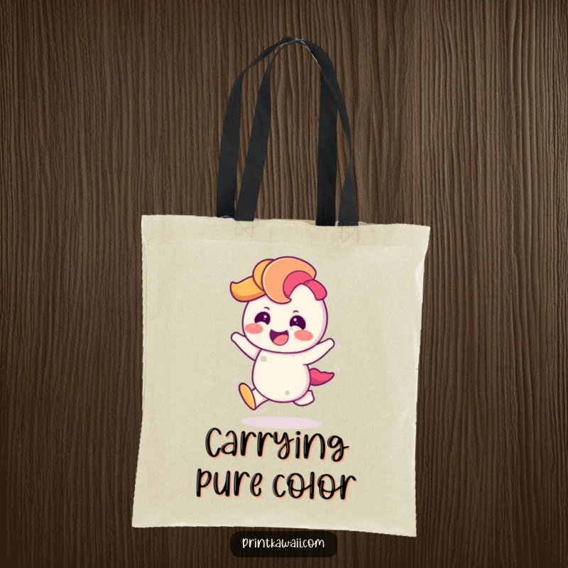 Funny Tote Bag with a giggling rainbow character doing a cheerful hop, ideal for carrying essentials with vibrant fun.