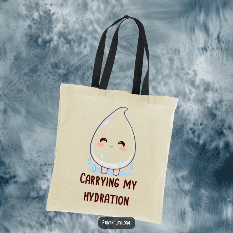 Funny Tote Bag showcasing a plump, happy raindrop character dripping with delight, perfect for carrying items with cheerful energy.