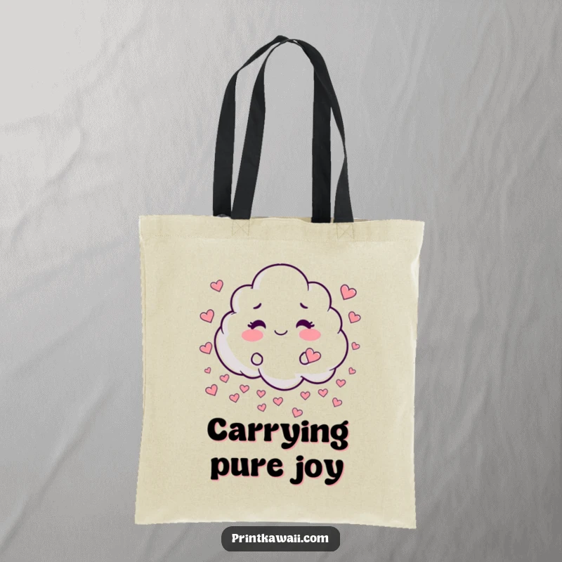 Funny tote bag featuring a whimsical cloud character playfully raining tiny hearts, perfect for carrying essentials with love.