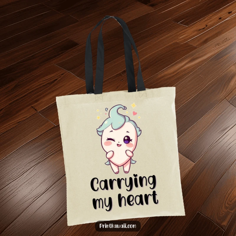 Funny tote bag with a sparkling heart character giving a cheeky wink, perfect for stylish and playful carrying.