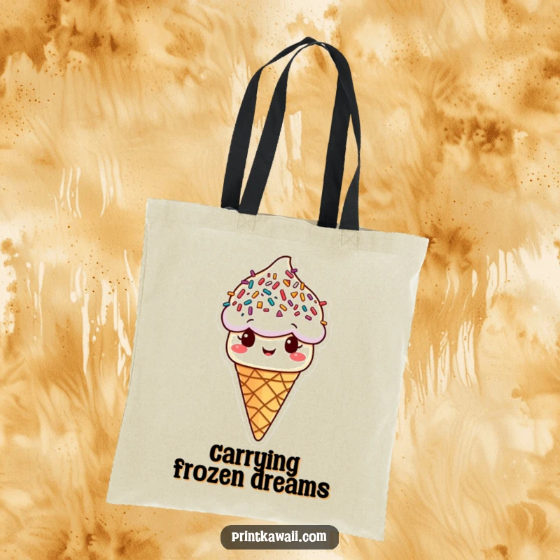 Funny ice cream cone tote bag featuring sprinkle hair, cheerfully carrying goodies, a wonderfully funny gift.
