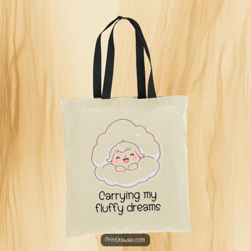 Funny Kawaii Cloud Hug Tote Bag: Cute character hugging a fluffy cloud, perfect for carrying daily items with joy.