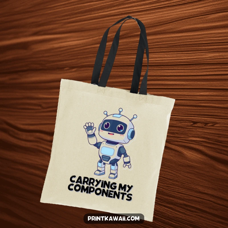 Funny tote bag illustrating a happy robot character waving enthusiastically, symbolizing connection and friendly communication.