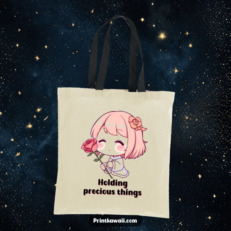 Funny Tote Bag: A shy character blushing deeply, presenting a single, flawless rose.