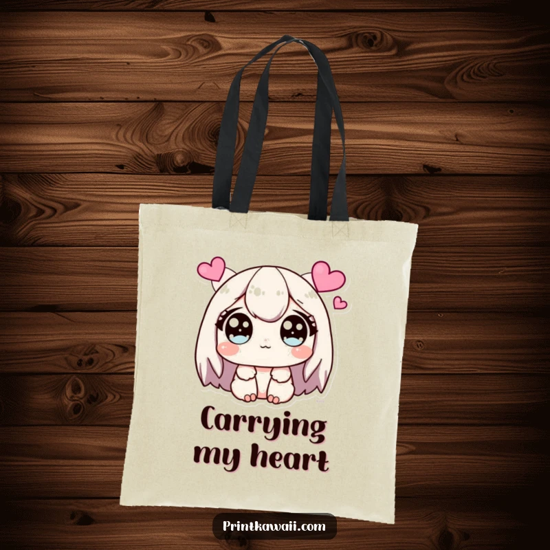 Funny Tote Bag with a cute character’s wide, sparkling eyes looking at floating hearts.