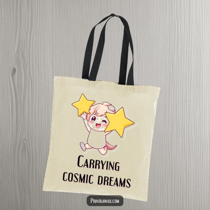 Funny Tote Bag with a character leaping high, triumphantly holding a giant, gleaming star overhead, a true winner's carry-all.