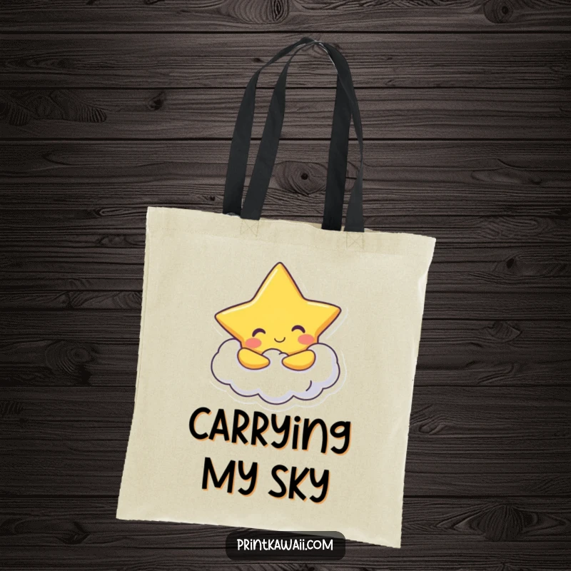 Funny Tote Bag: A cheerful star character hugs a fluffy cloud, a humorous and stylish accessory for carrying items.