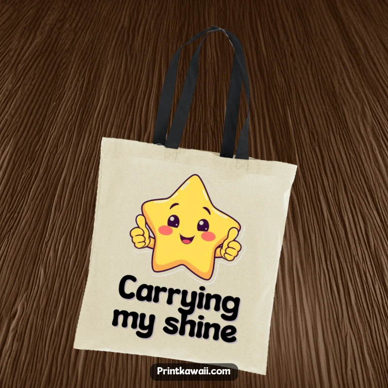 Funny tote bag illustrating a smiling star character giving a strong double thumbs up, symbolizing success and happiness.