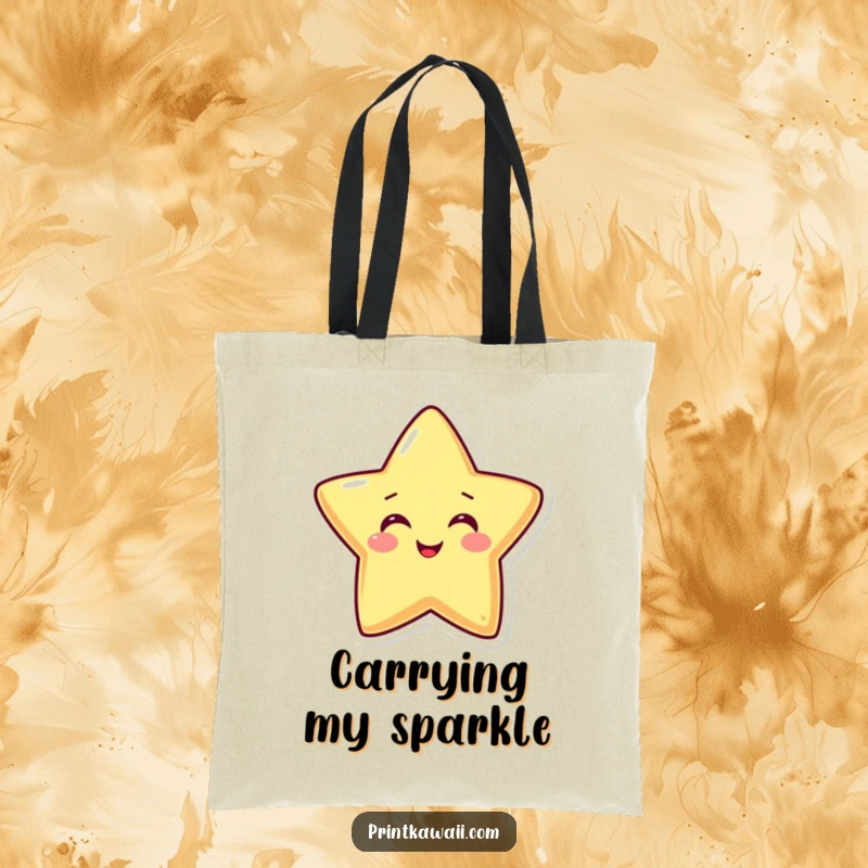 Funny tote bag depicting a beaming star character spreading happiness, ideal for carrying daily items with a touch of celestial magic.