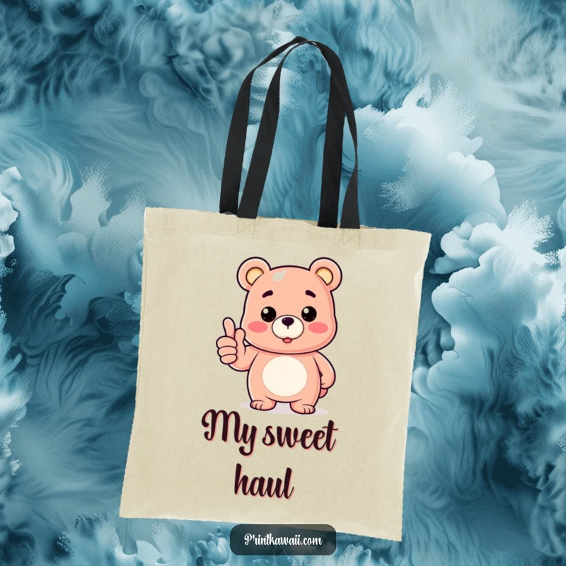 Funny tote bag showcasing a gummy bear character giving a prominent thumbs up, perfect for daily positivity.