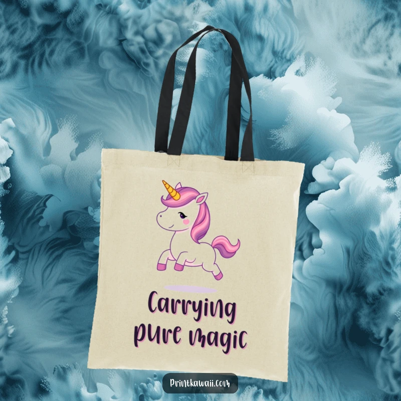 Funny unicorn character prancing happily on a durable tote bag, perfect for carrying items with a touch of magical whimsy.