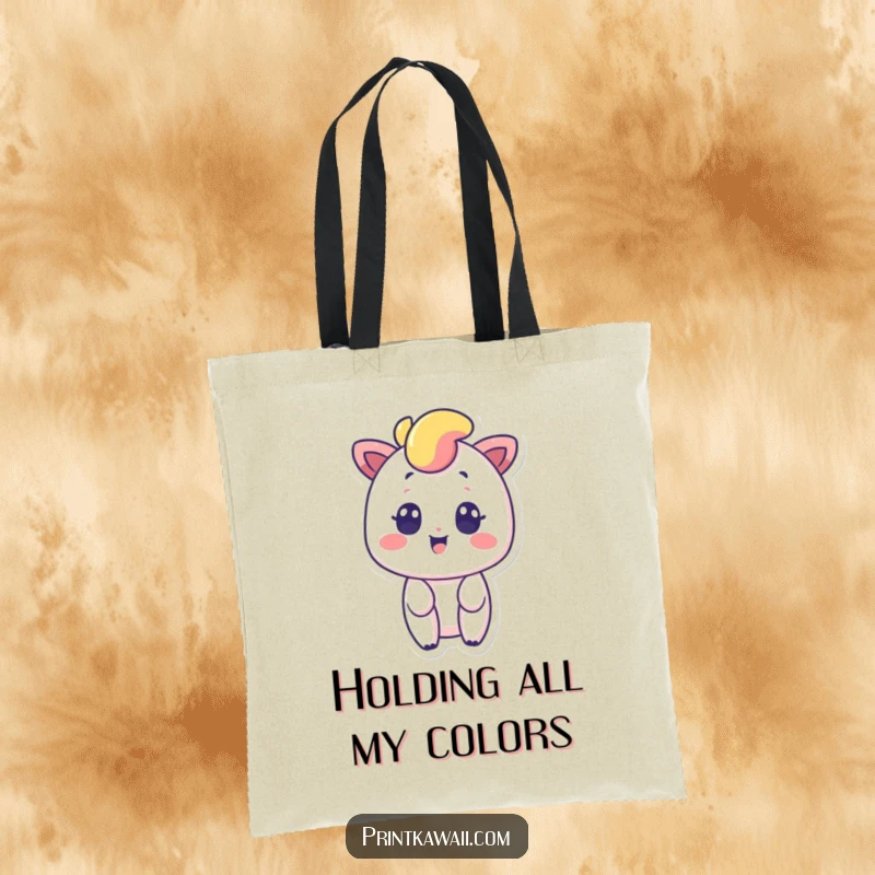 Funny tote bag featuring a surprised rainbow character with a smile, perfect for carrying essentials with a burst of vibrant color.