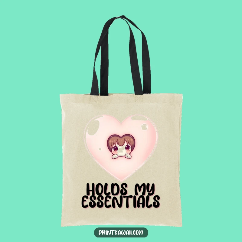 Funny Love Tote Bag: Shy Character Peeks from Heart - Cute Funny Gift Bag